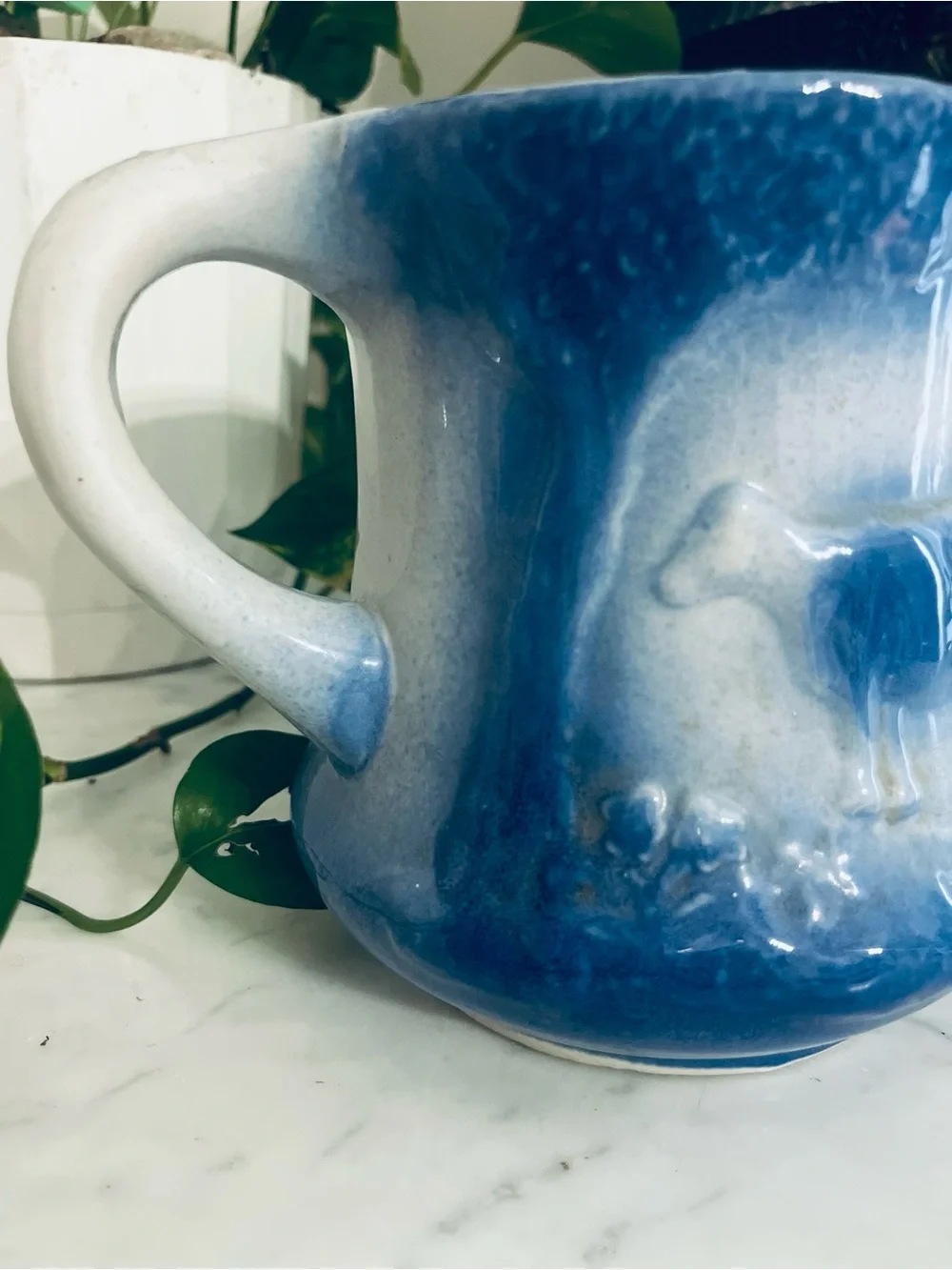 Vintage Blue Salt Glazed Stoneware Pitcher Cow in Pasture Flowers